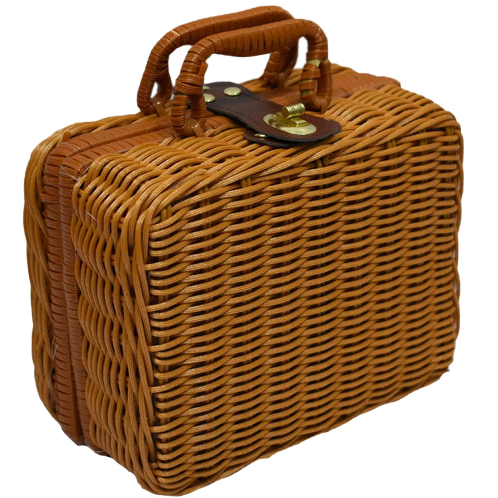 

Woven Box Brown Hard Storage Organizer for Makeup Brushes Stationery Large Capacity Portable Cosmetics Case
