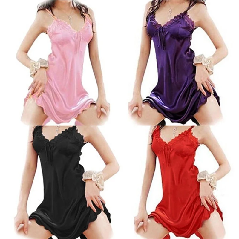 Summer Women Sexy Sleepwear Nightgown Satin Silk Babydoll Lace Robes Sleep Dress Skirt Lady Off Shoulder Nightwear  Long Skirt