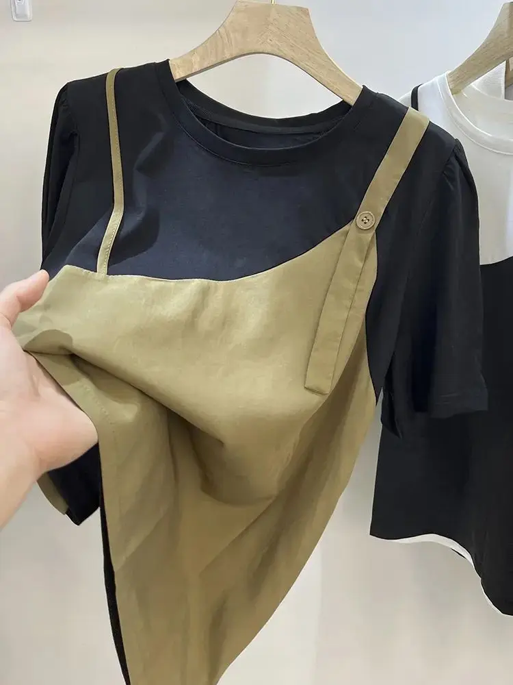 plus Size 300 Pounds Fat MM Patchwork Fake Two-Piece Tank Top Short Sleeve T-Shirt Women Summer Korean Loose Half Sleeve Top ...