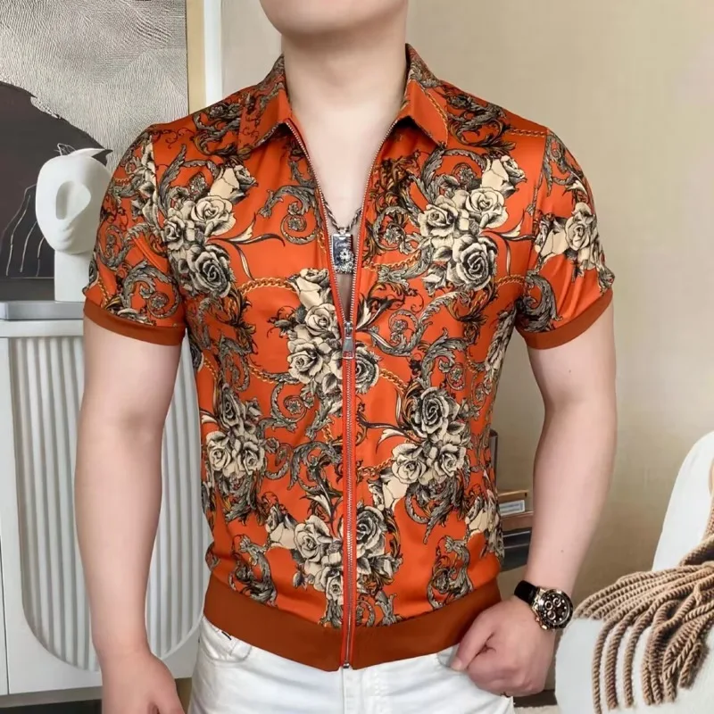 Brand Summer Luxury Printed Cardigan T-shirt for Men High Quality Short Sleeved Zipper Shirt Casual Business Social Men Clothing