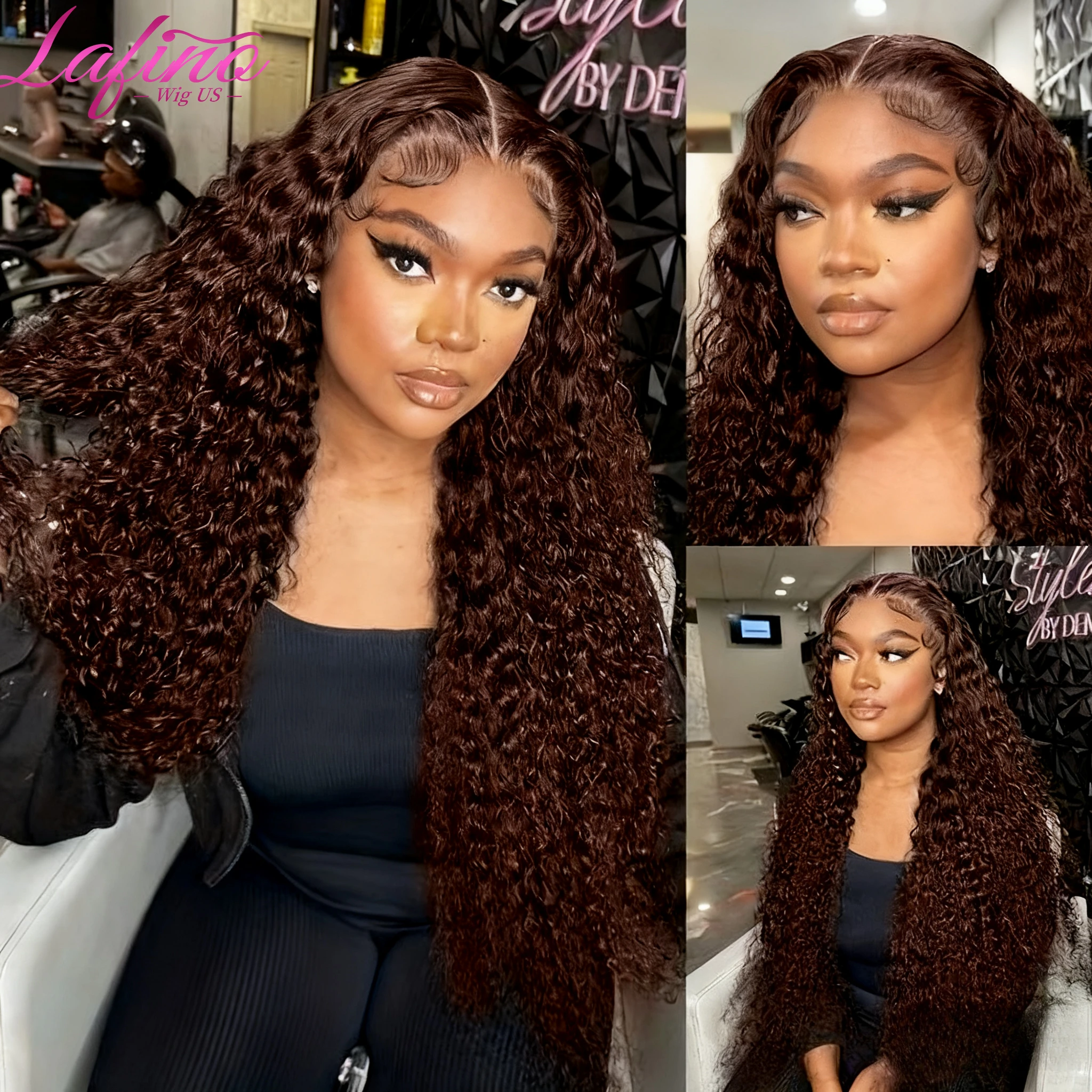 초콜릿 브라운 컬리 웨이브 13x6 HD 레이스 인모 가발 30 38인치 워터 웨이브 인모 가발 13x4 프론탈 가발 HD 레이스 # 4가지 색상