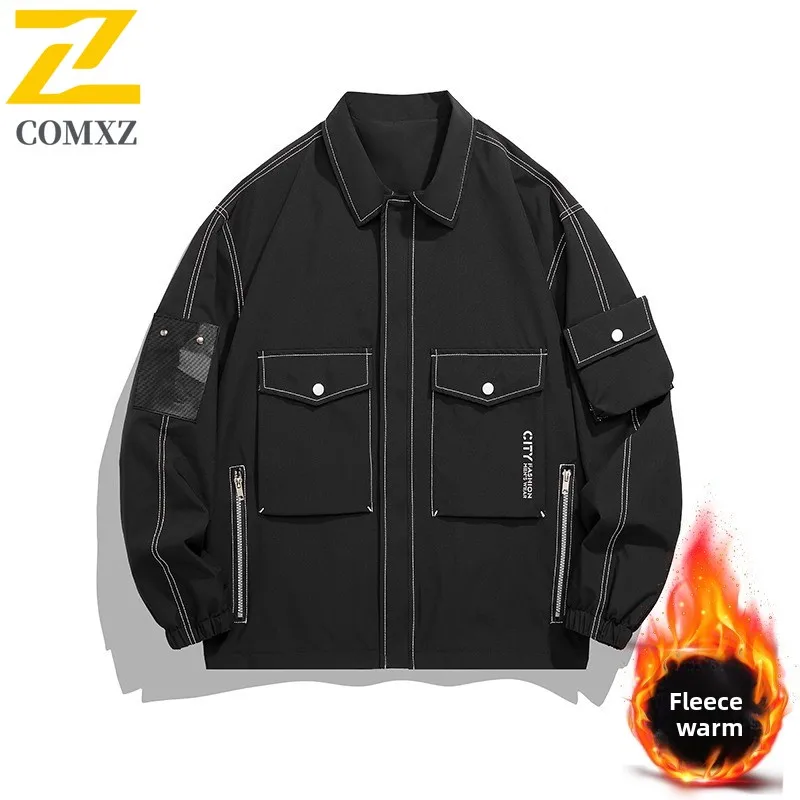 

Men Preppy Jacket Casual Windproof Turn-Down Collar Durable Hiking Travel Fleece Jacket Workout Outdoor Sports Multi-Pocket Coat