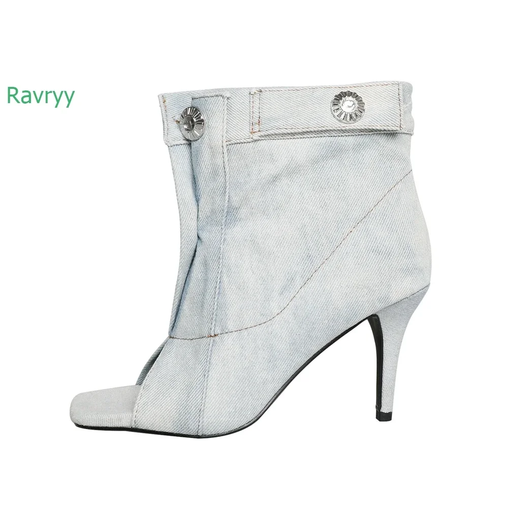 2025 جديد الدنيم ساحة تو النساء حذاء من الجلد برشام مشبك المفتوحة تو كعب رقيقة أحذية بوت قصيرة موضة رواية الصيف الصنادل الأحذية #2