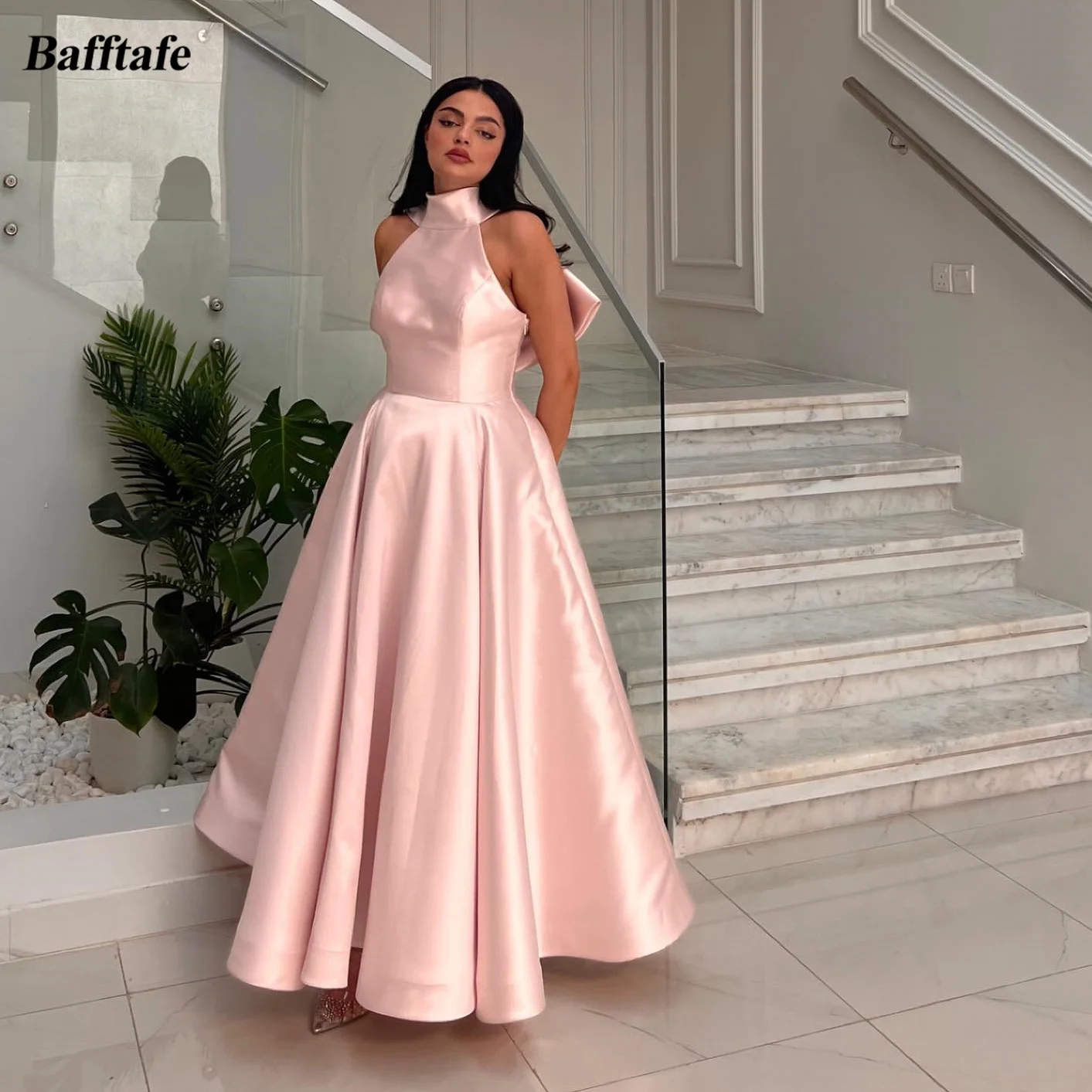 

Bafftafe A Line Satin Saudi Arabic Prom Dresses 2024 Simple Halter Bow Women Birthday Party Gowns Long Formal Occasion Dresses