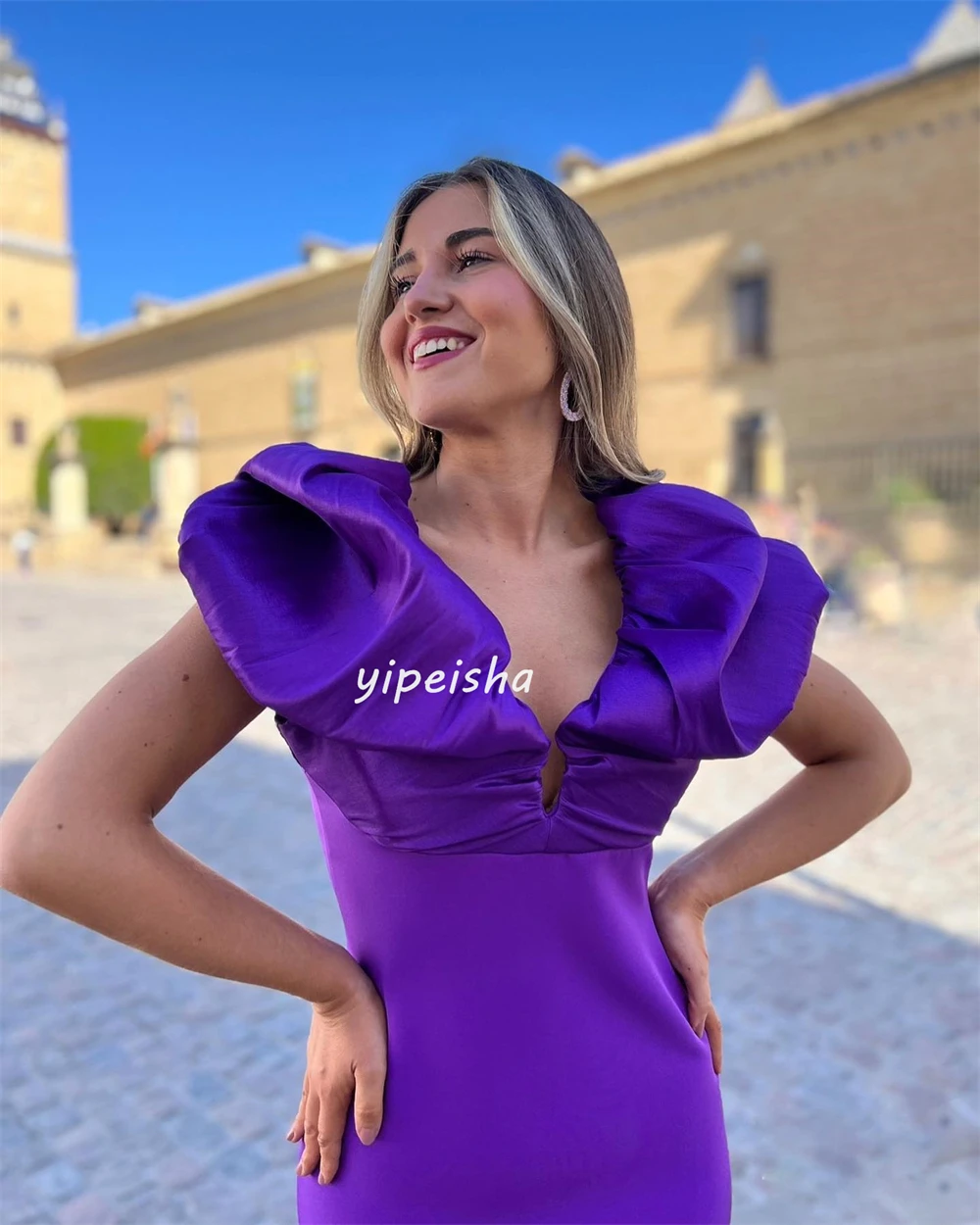 Jersey clásico personalizado con volantes y pliegues, columna fruncida con cuello en V, vestidos por debajo de la rodilla, vestidos de quinceañera, estilo moderno exquisito, Simple Elega