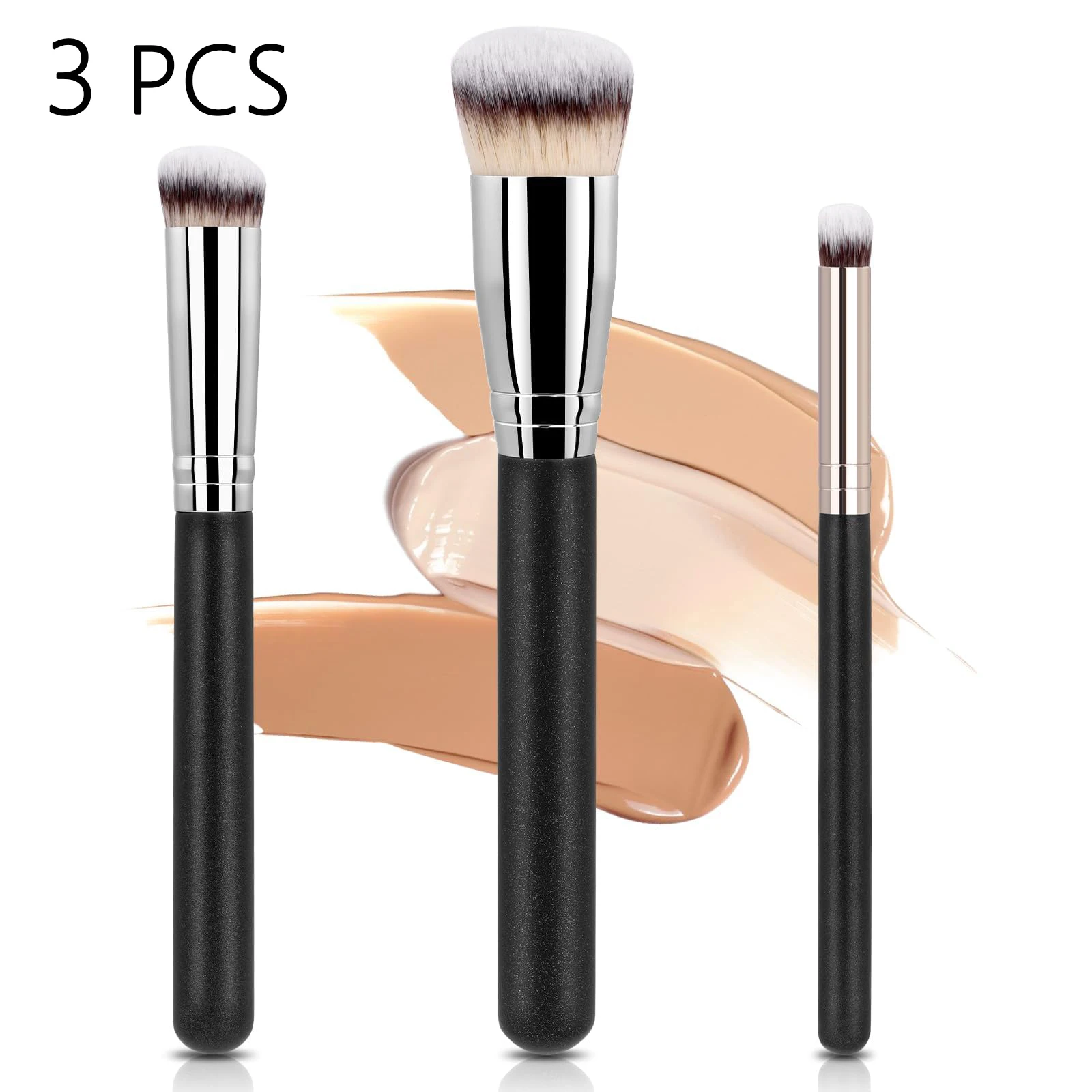 Ensemble de 3 pinceaux de maquillage, pinceaux professionnels pour fond de teint et anticernes, poils denses, 100% végétaliens et sans cruauté