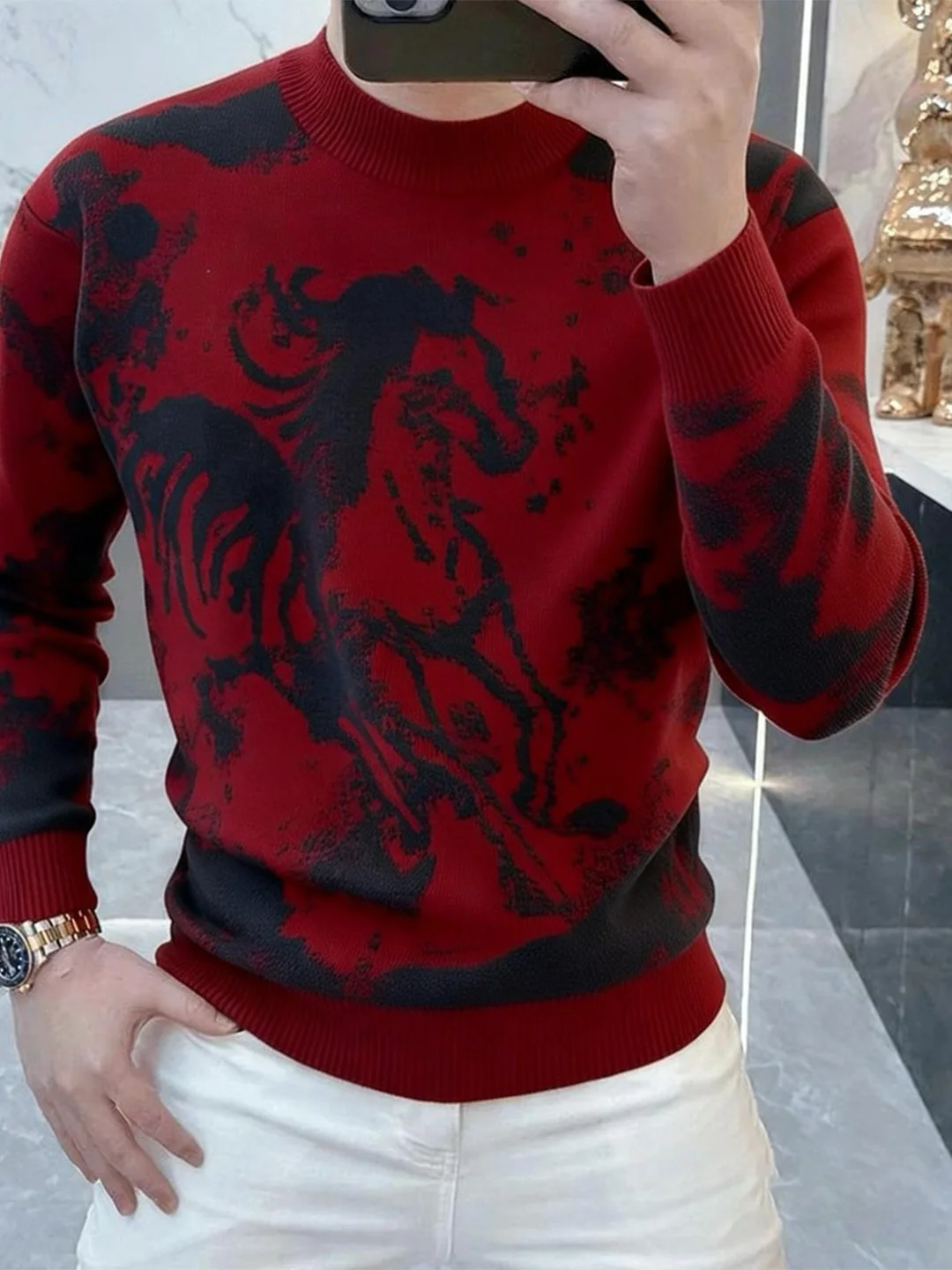 

Красный вязаный свитер для мужчин на осень-зиму, с круглым вырезом, пушистый, модный, теплый, вязаный джемпер