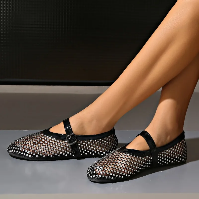 

Luxury Crystal Rhinestone Fishnet Ballet Flats Woman Brand Design Rivet Studs Mesh Mary Jane Shoes Ladies Summer Cut Out Loafers