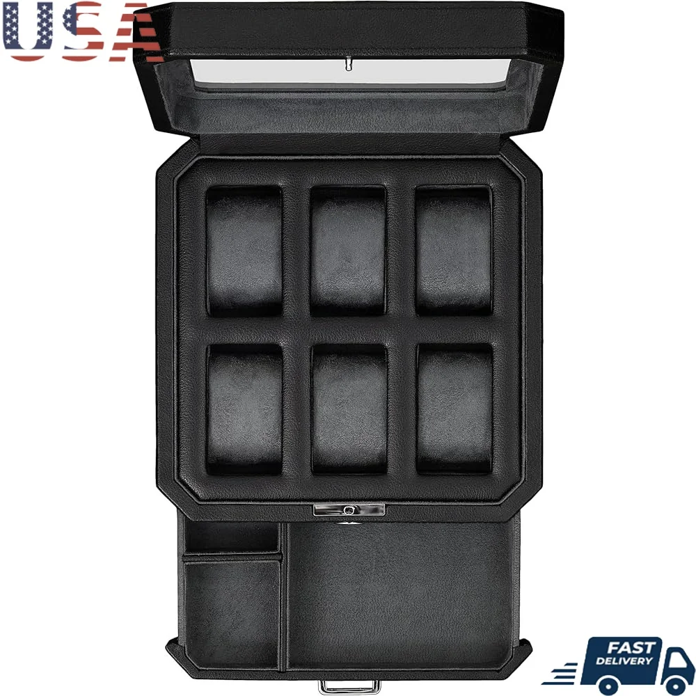 

6 Slot Leather Watch Box with Drawer Luxury Organizer Mens Watch Display Case Microsuede Liner Locking Jewelry Storage