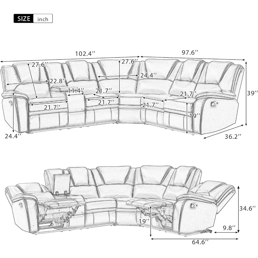 Faux Leather Manual Reclining Sectional Sofa with Center Console and LED Light Strip,Symmetrical Corner Motion Couch2Cup Holders