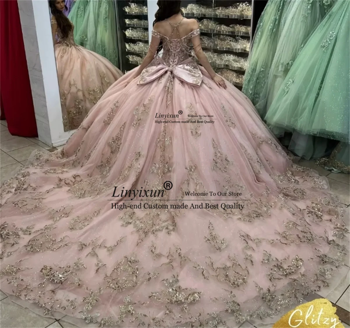 Personalizado rosa quinceanera vestido de baile ouro renda applique miçangas espartilho mexicano doce 16 aniversário vestido de 15 anos