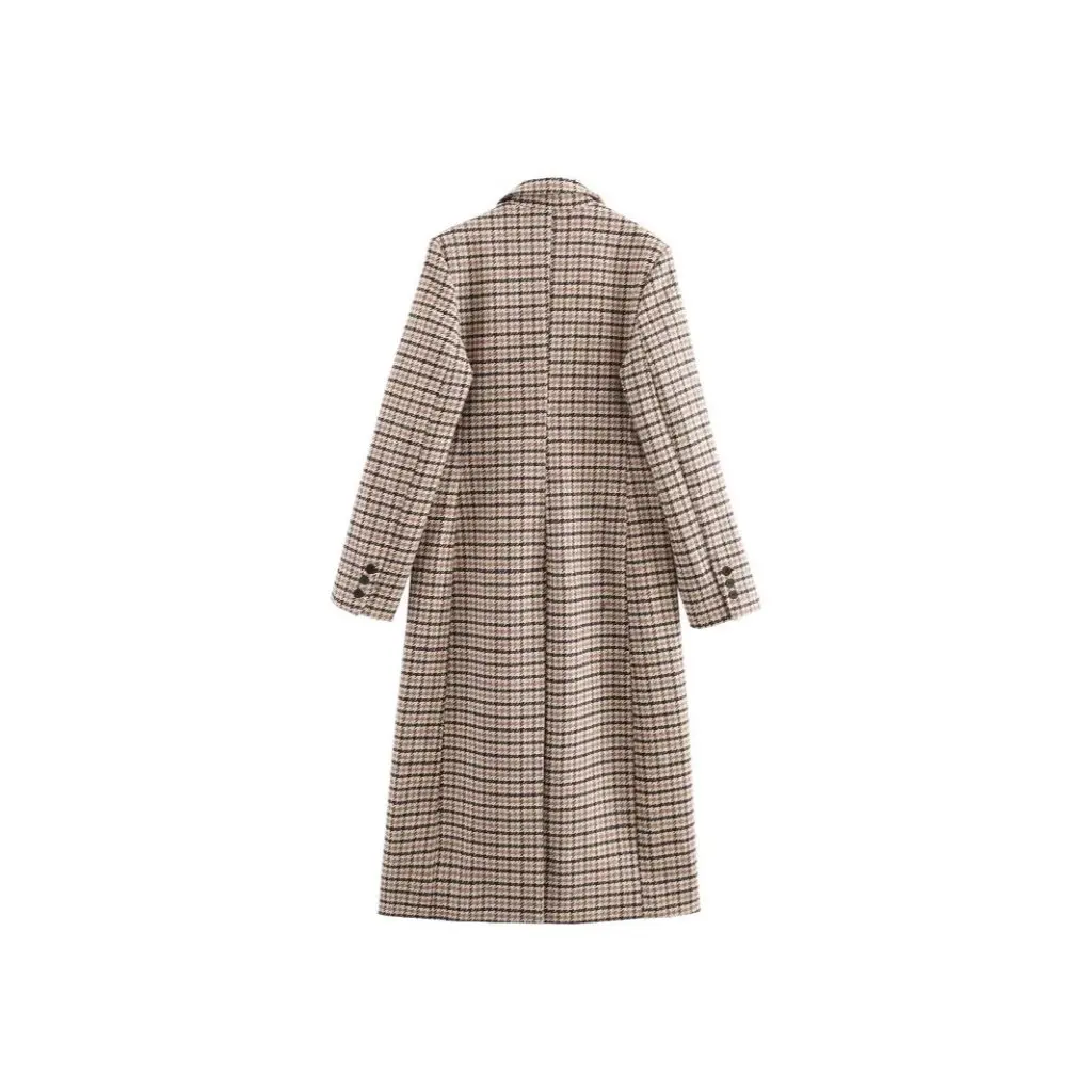 

Women's Slim Wool Plaid Coat Autumn Winter European American Temperament Long Outerwear for Ladies