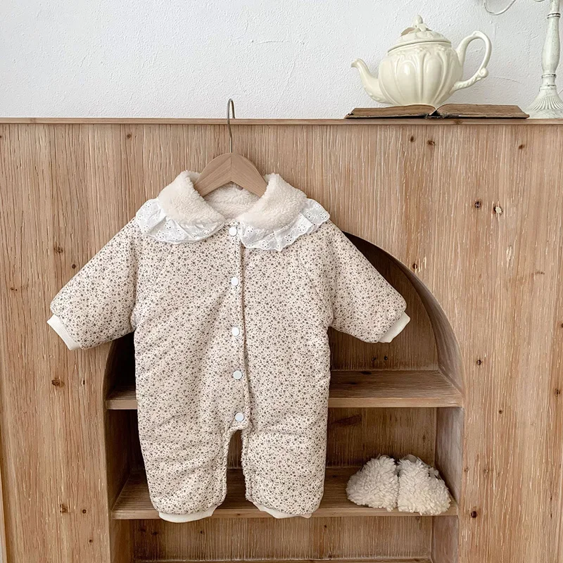 MILANCEL New Floral Flannel Padded Baby Rompers Fur Lining Girls Jumpsuits Floral Fleece Thicken Toddler Clothing Jumpsuit