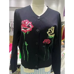 Early Autumn New Embroidered Flower Knitted Cardigan Women's Elegant Vintage Fashion Elasticity Sweaters Slim Knitwear