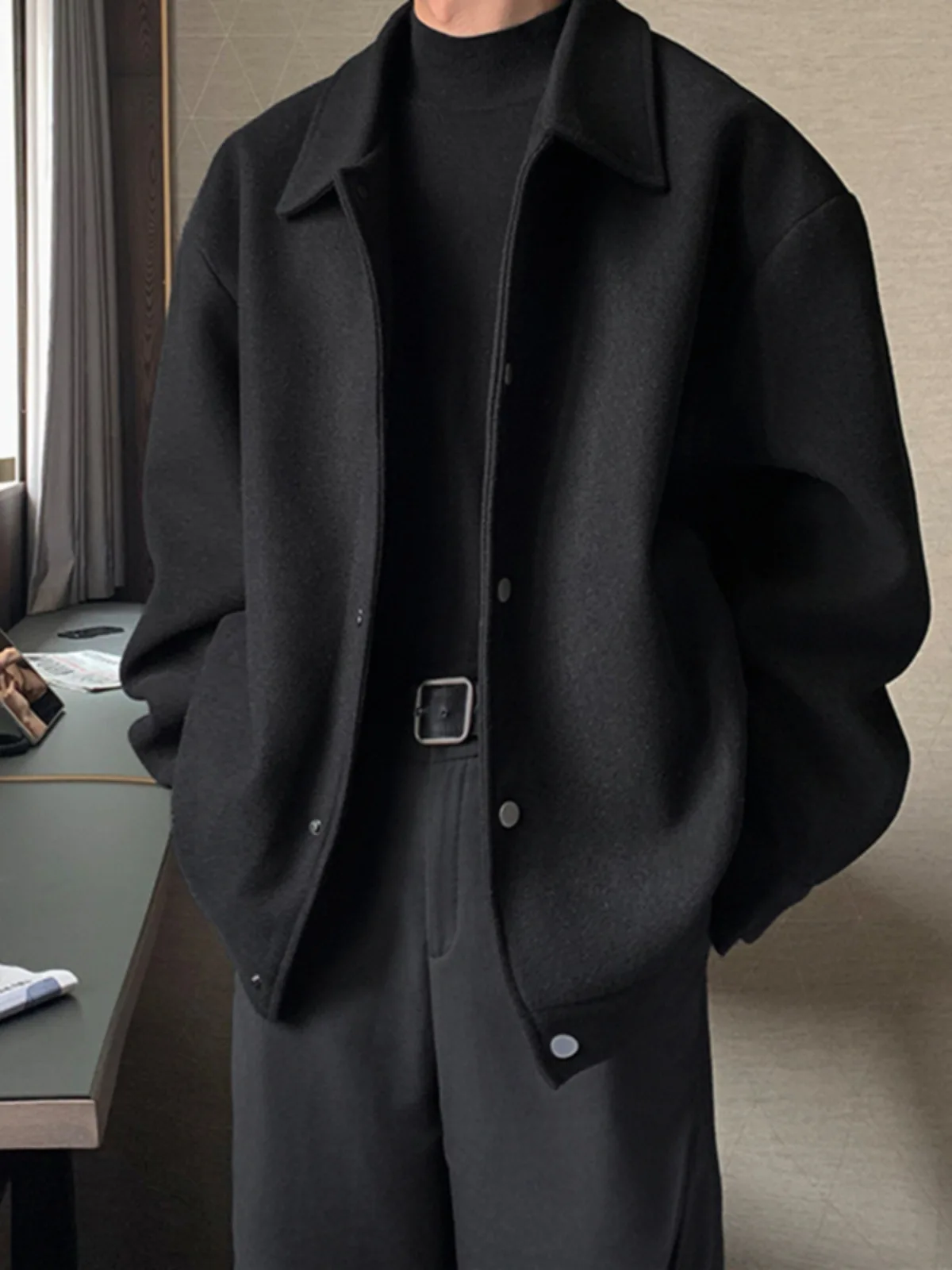 

Новинка 2025, мужское шерстяное пальто, короткое свободное, весенне-осеннее, повседневное, корейское, зимнее, с длинным рукавом