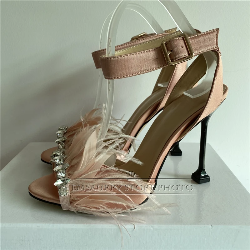 Sexy Summer 2024 Jeweled Feather Sandalias Mujer Unique Goblet Heel Open Toe Ankle Strap Luxury Satin High Heel Sandals Women