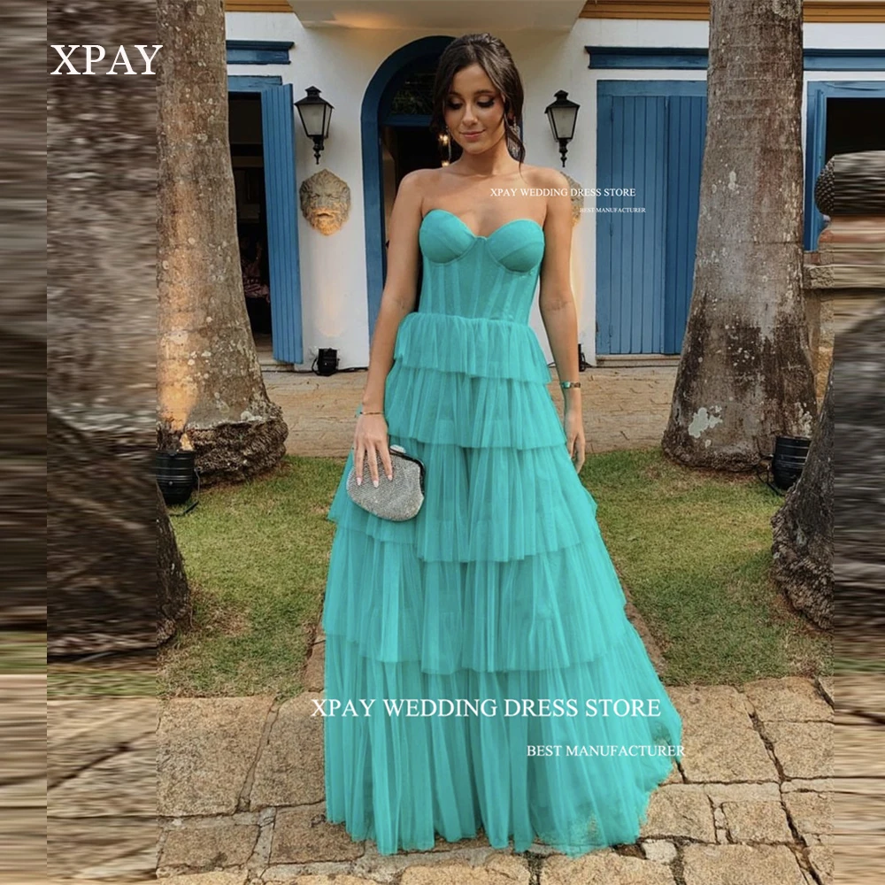 

XPAY Sweetheart A Line Tulle Prom Dresses Tiered Boning Floor Length Evening gowns Arabic Women Wedding Party Formal Occasion