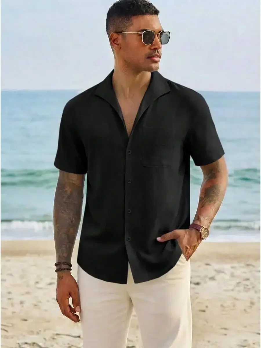 

Mens Linen Short Sleeve Button Down Shirt Casual Beach Summer Top With Pocket