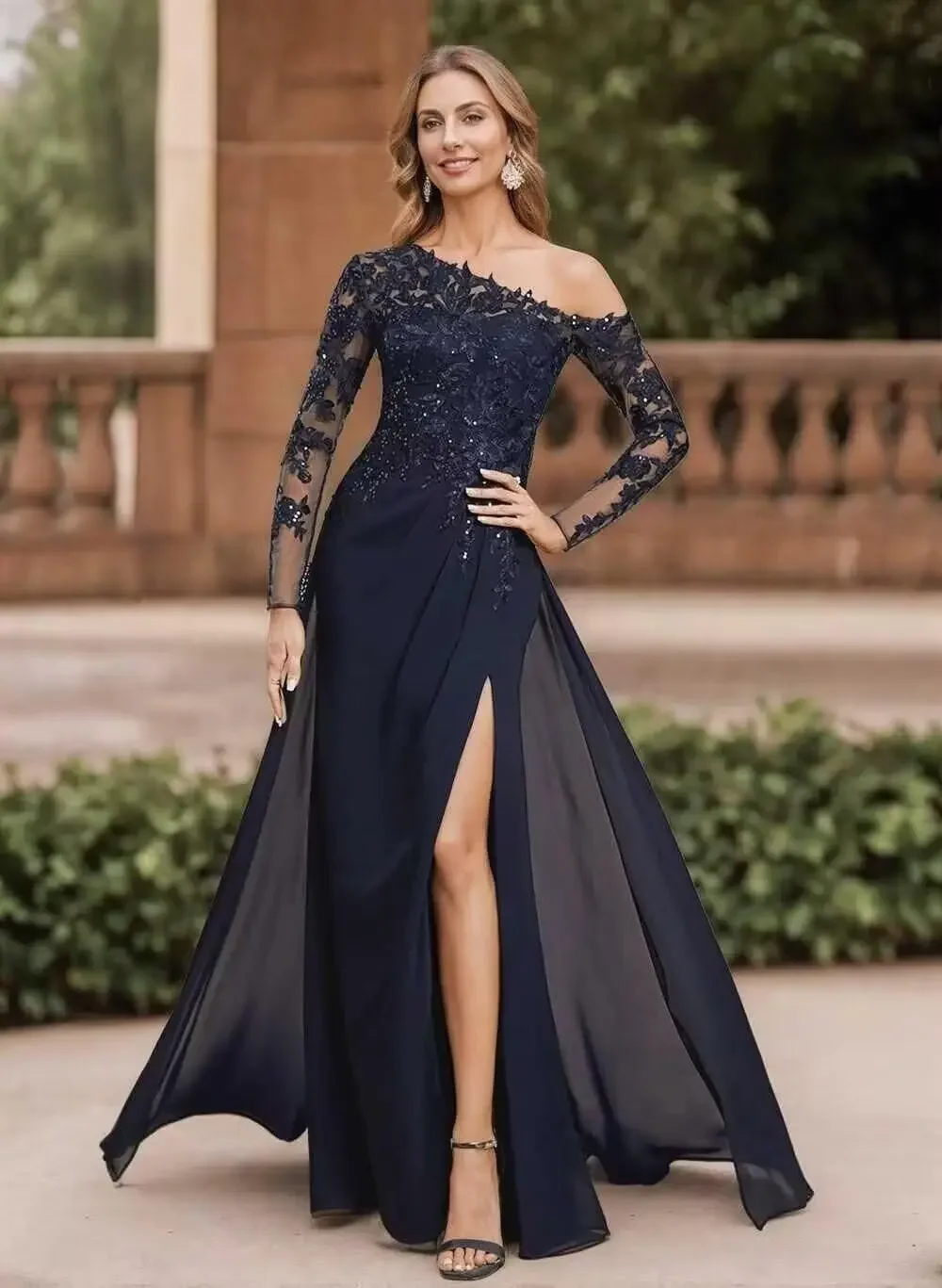 New Navy Blue Mother of the Bride Dress Long Sleeve Chiffon Lace Applique A Line Women Formal Party Banquet Guest Gown