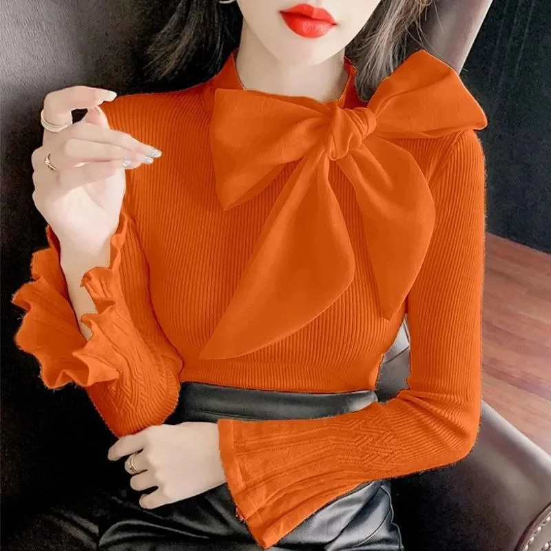 Elegant Lady Bow Knitted Sweater Pullover Women\'s Autumn 2024 New Temperament Outfit Inner Wear Flare Long-sleeved Top