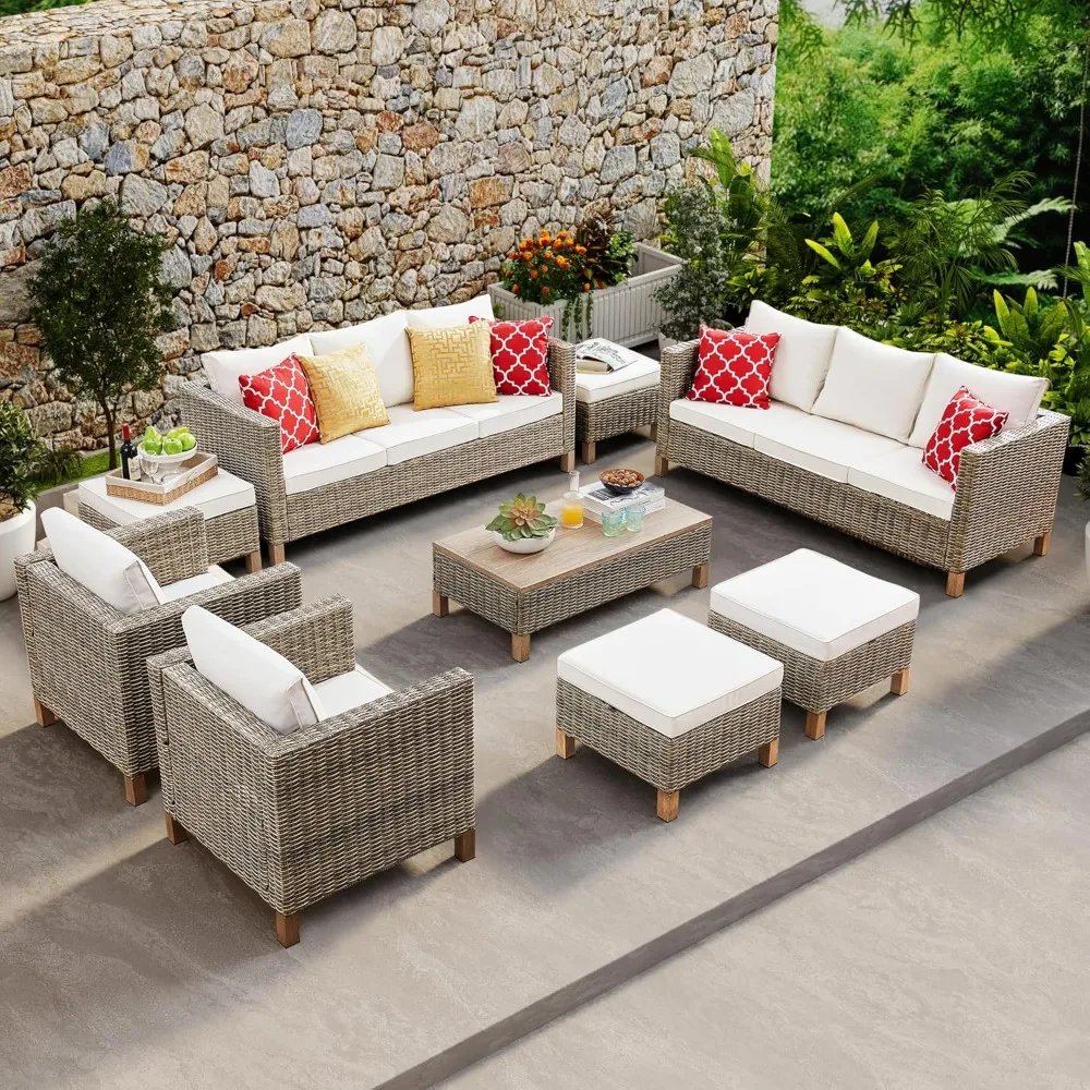 9 Pieces Outdoor Patio Furniture Sets,  with Metal Top Coffee Table, Rattan Conversation Set Outdoor Garden Sofa Set