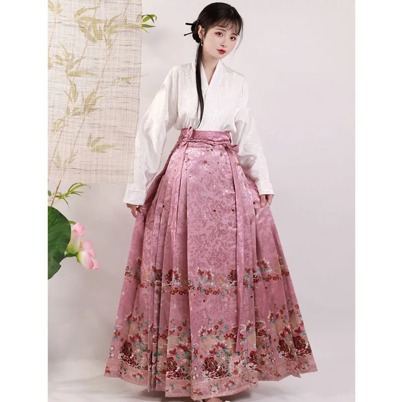 Women Chinese Traditional Daily Wear Elegant Horse-face Skirt White Blouse Suit Ming Dynasty Modified Hanfu Cosplay Costume