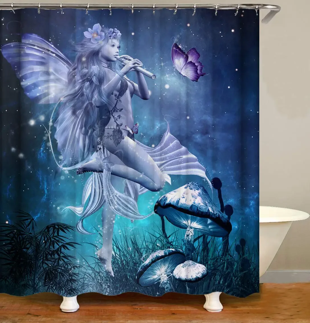 Sexy Angel Playing Flute Fantasy Starry Sky Mushroom Night Scenery Blue Fabric Bathroom Curtains