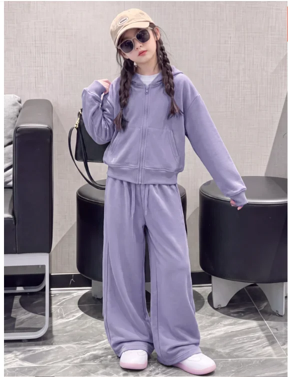 2026 New Girl Spring and Autumn Fashion Double Zipper Bright Color Cardigan Casual Pants Knitted Set