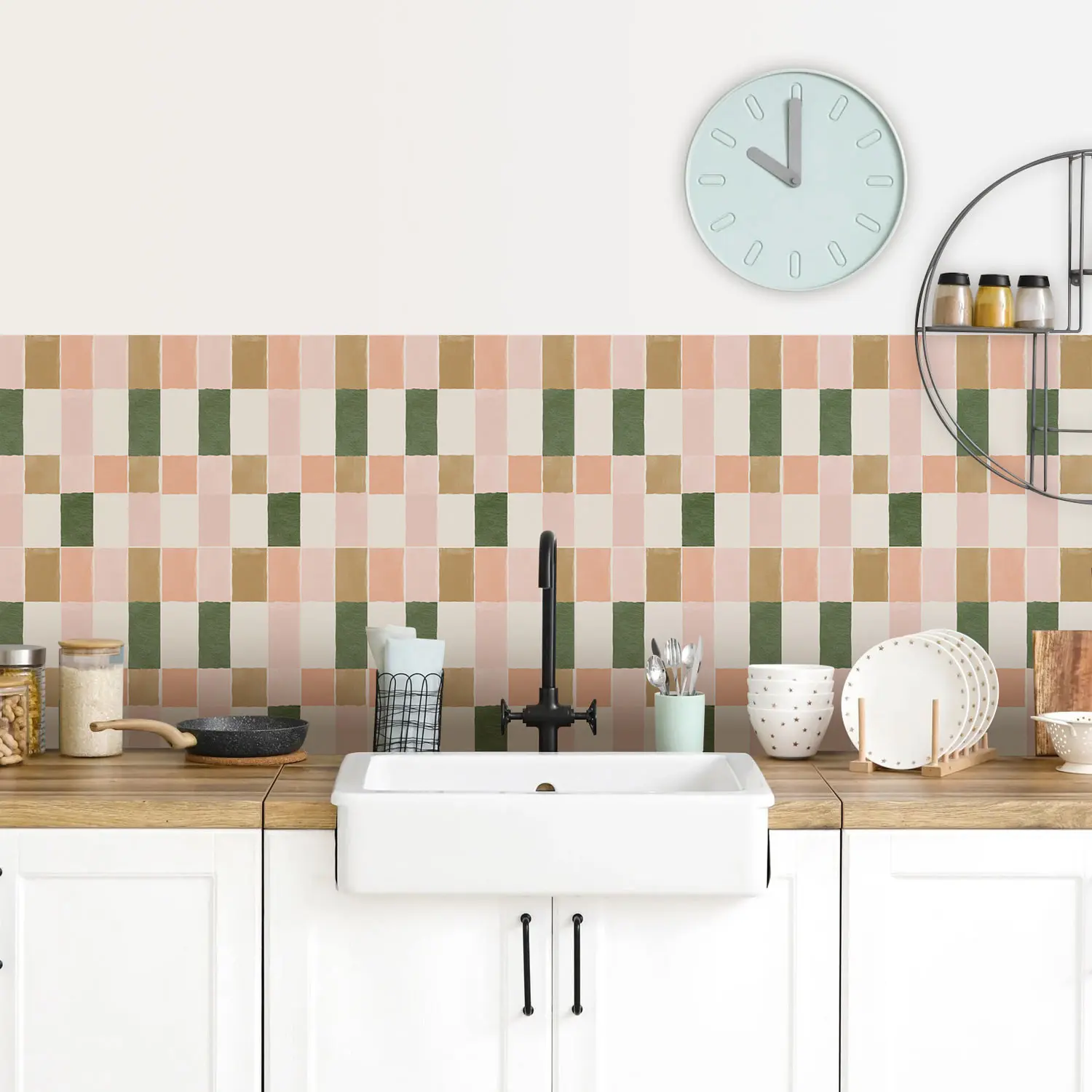 1 ensemble 10 pièces rétro rose et vert carrelage en vinyle peler et coller cuisine et salle de bain panneau de dosseret, escaliers, Renter amovible amovible