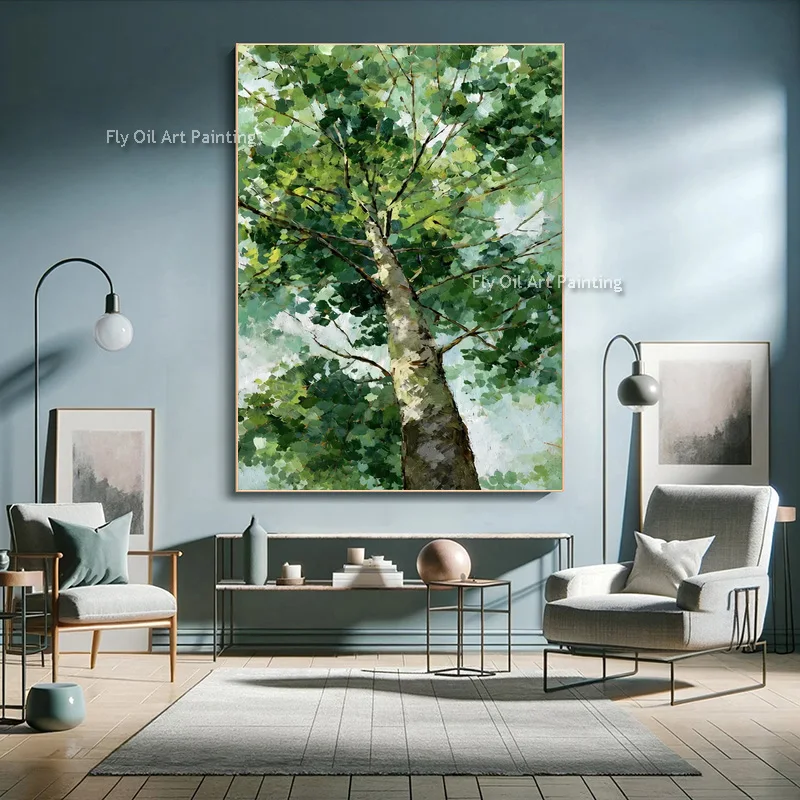 Original Hand‑Made Thick‑Texture Canvas Artwork, Lush Green Tree Nature Painting, Contemporary Botanical Wall Hanging