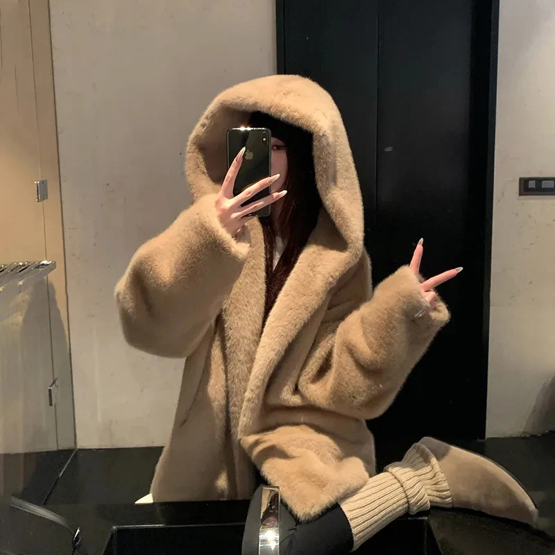

Women Faux Mink Hooded Jacket Long Sleeve Fuzzy Thick Warm Coat Solid Fur Loose Casual Lazy Jacket Harajuku Y2K Outwear