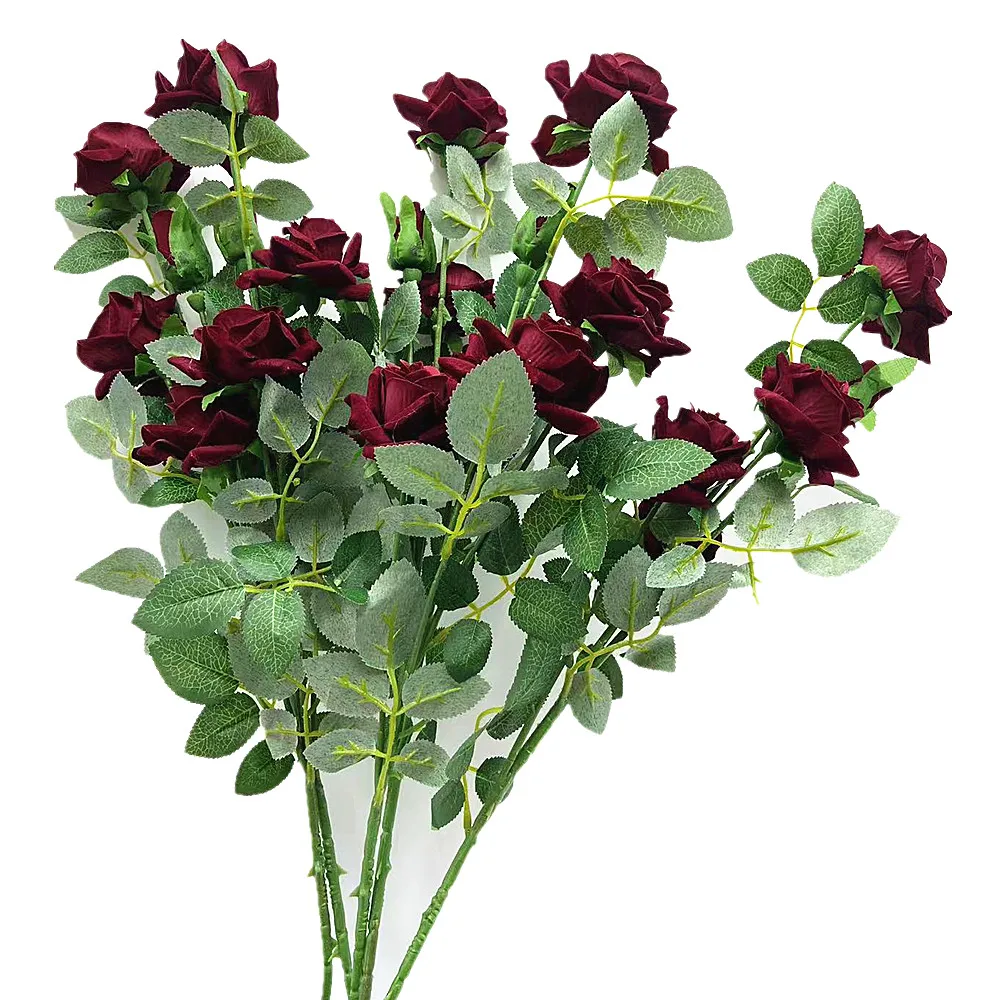 5pcs Faux Flannel Rose Branch Wedding Floral Decoration 5 Heads/Piece 32 inches Artificial Burgundy Color Rose Bouquet Flower