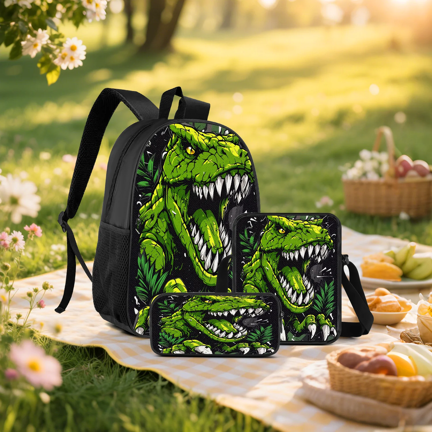 3-Piece Green T-Rex Print Backpack Set, Includes Backpack, Crossbody Bag and Pencil Case, Lightweight, Unisex