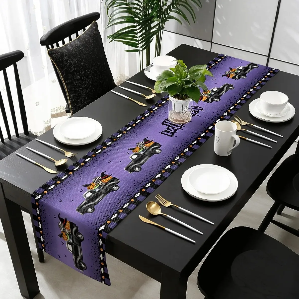 Halloween Farm Truck Pumpkin Bat Linen Table Runners Dresser Scarf for Kitchen Farmhouse Decoration