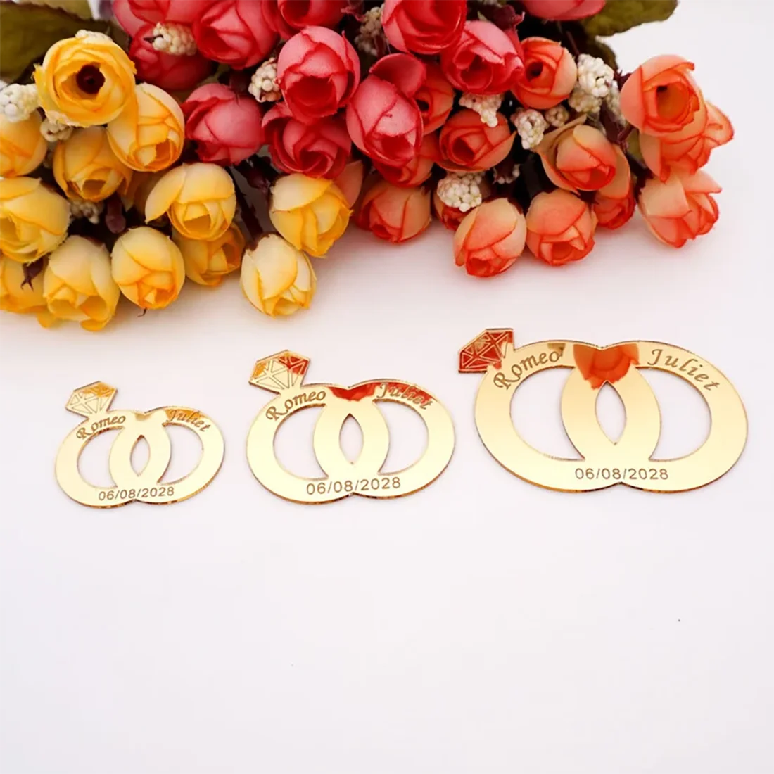 5/10/25/30Pcs  Rings Name Mirror Custom Acrylic Personalized Wedding Bride Favors Gifts with Diamond Decor Wedding Souvenirs