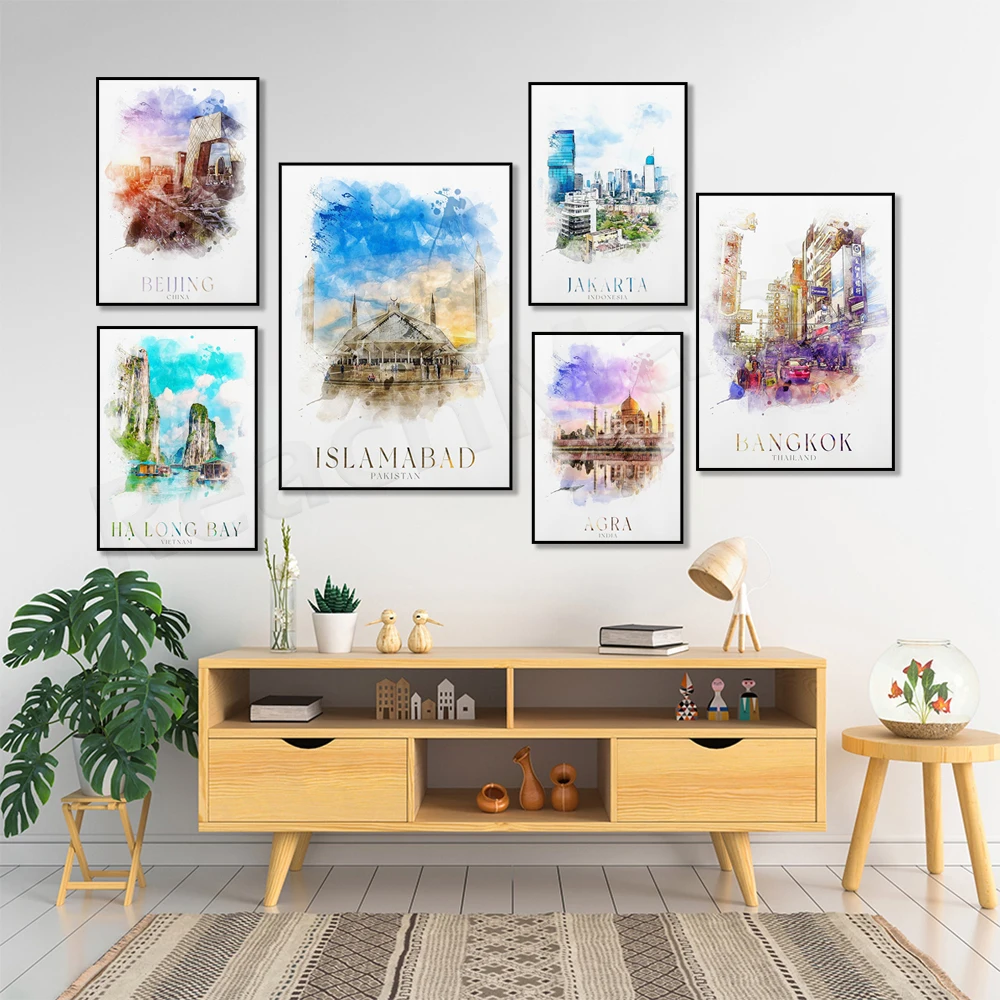 Halong Bay Vietnam, Bangkok Thailand, China, Delhi India, Agra, Islamabad Pakistan, Jakarta Indonesia watercolor travel poster