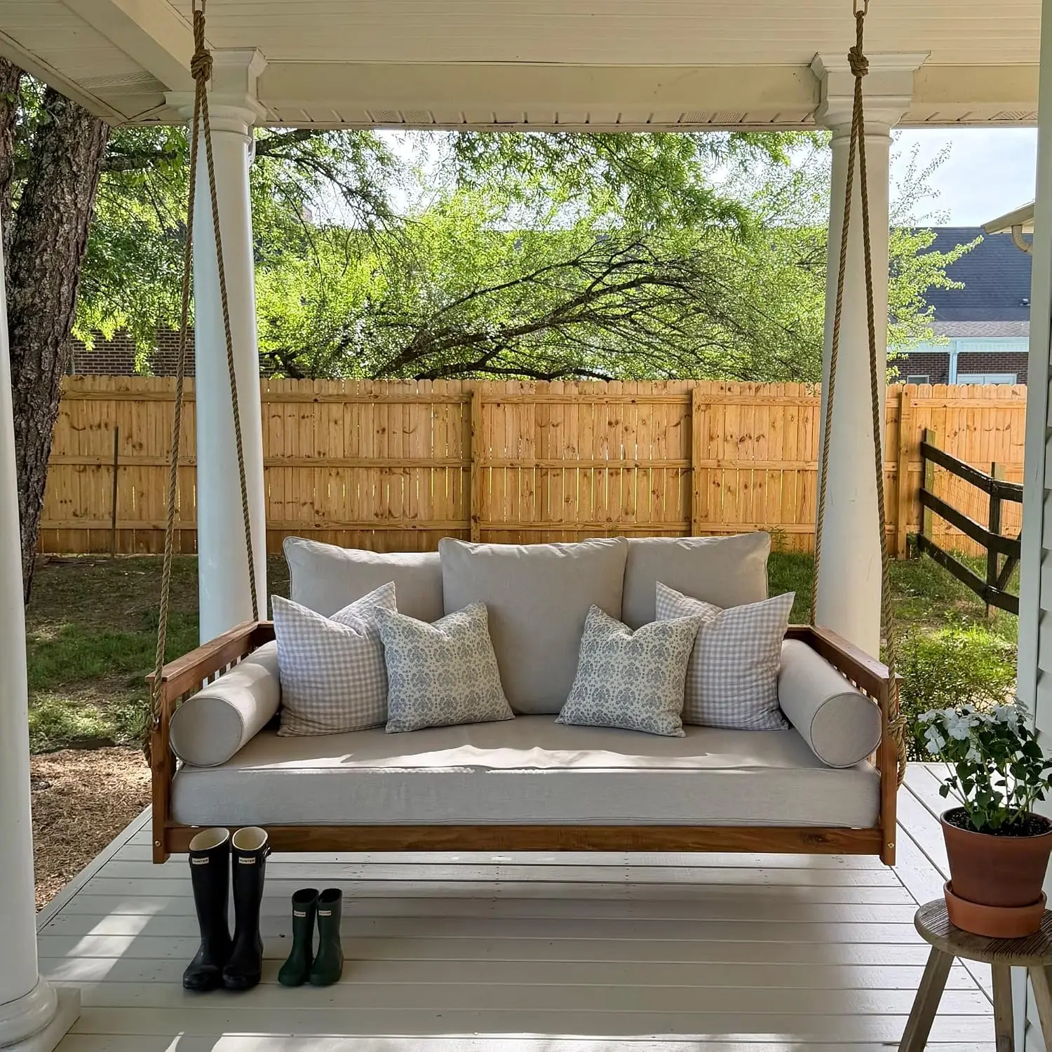 Outdoor Daybed Swing with Ropes Acacia Wood Natural Finish Crib Size Porch, Customized