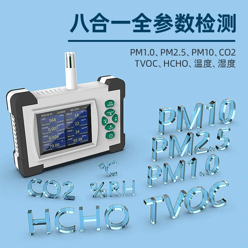 WiFi Air Quality Monitor 8‑in‑1 CO2 HCHO TVOC PM1.0 PM2.5 PM10 Temp Humidity Detector 50000‑Group Data Storage Buzzer Alarm