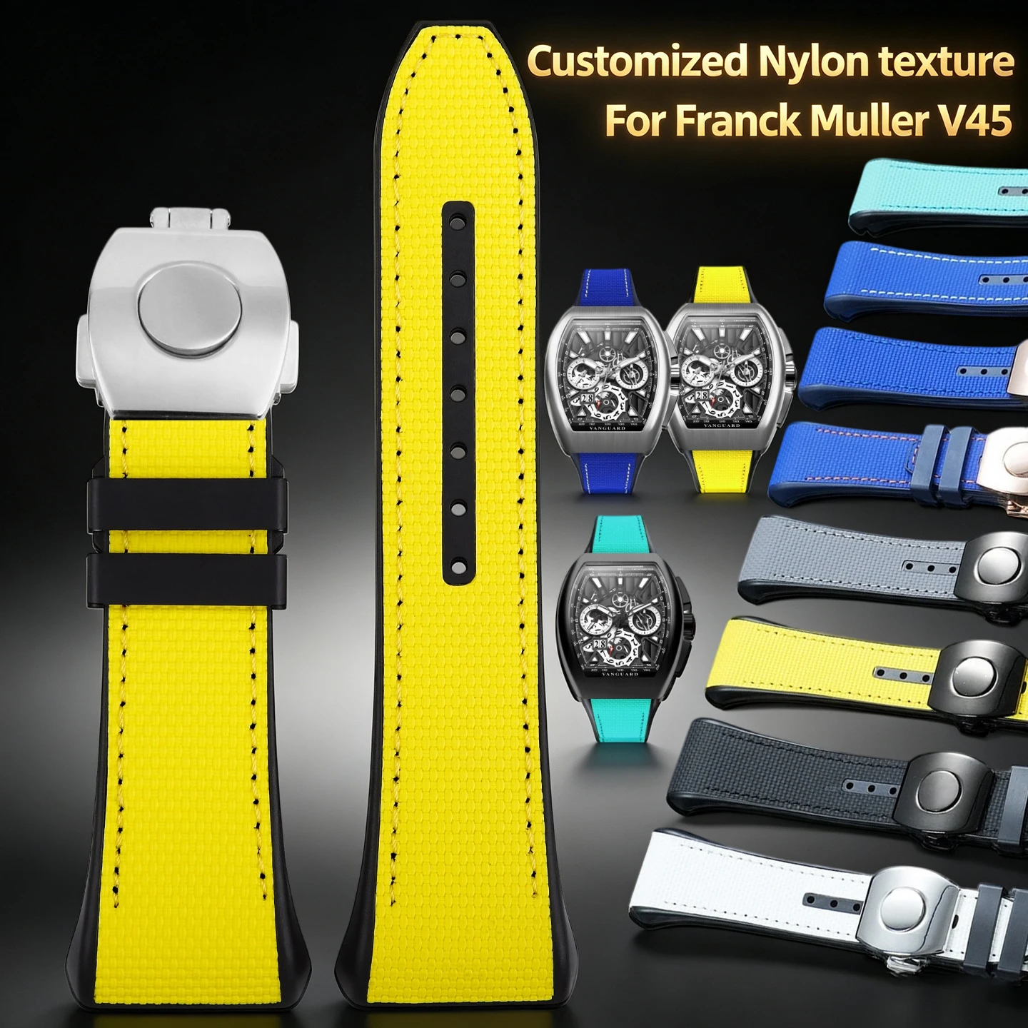 24 colors High Quality Customized Nylon texture fluororubber Watchband For Franck Muller V45 Series Folding Buckle Watch Strap