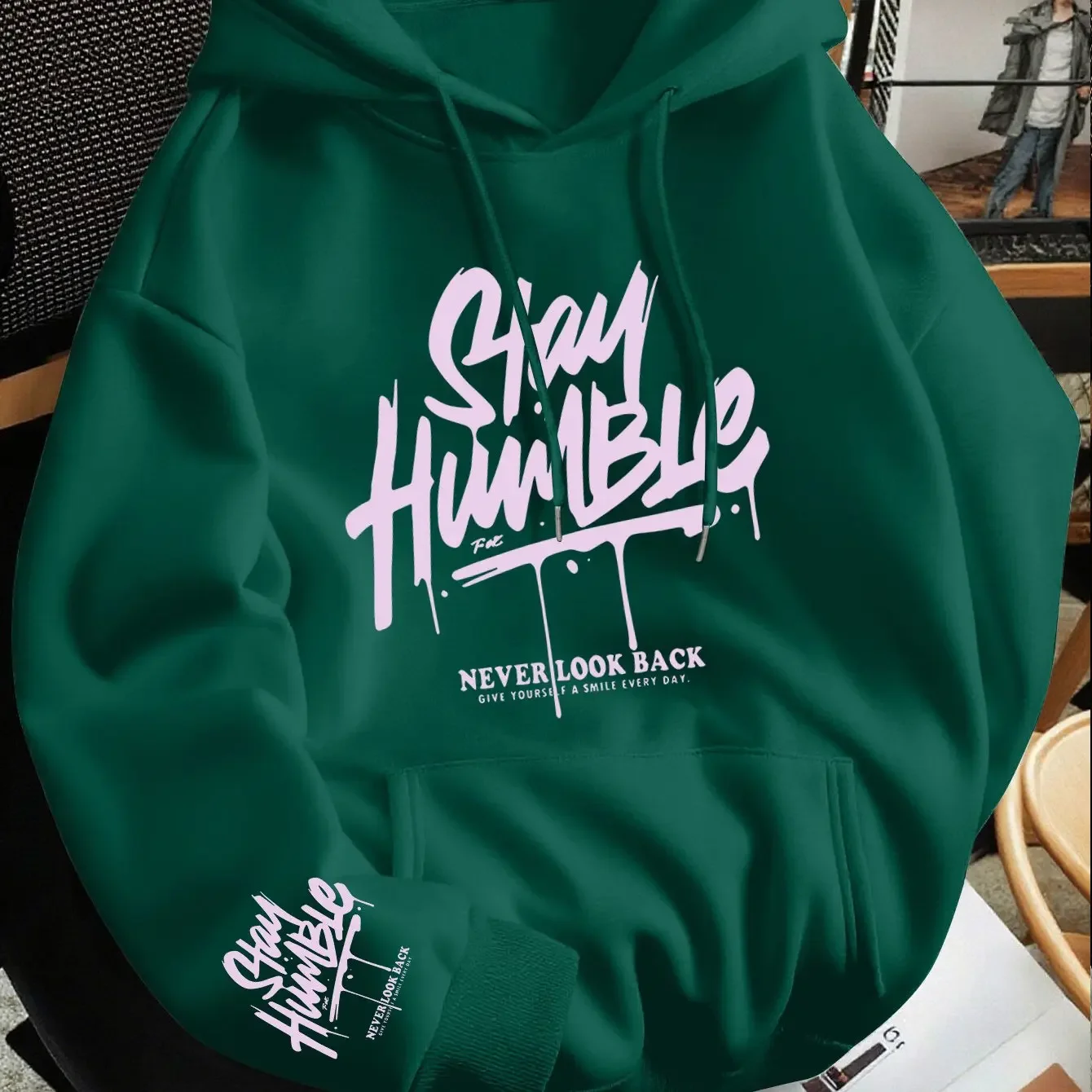 Stay Humble, Never Look Back_ Graffiti Men's Hoodie, Loose-fitting Sweatshirt with Printed Lettering on the Chest and Cuffs. -