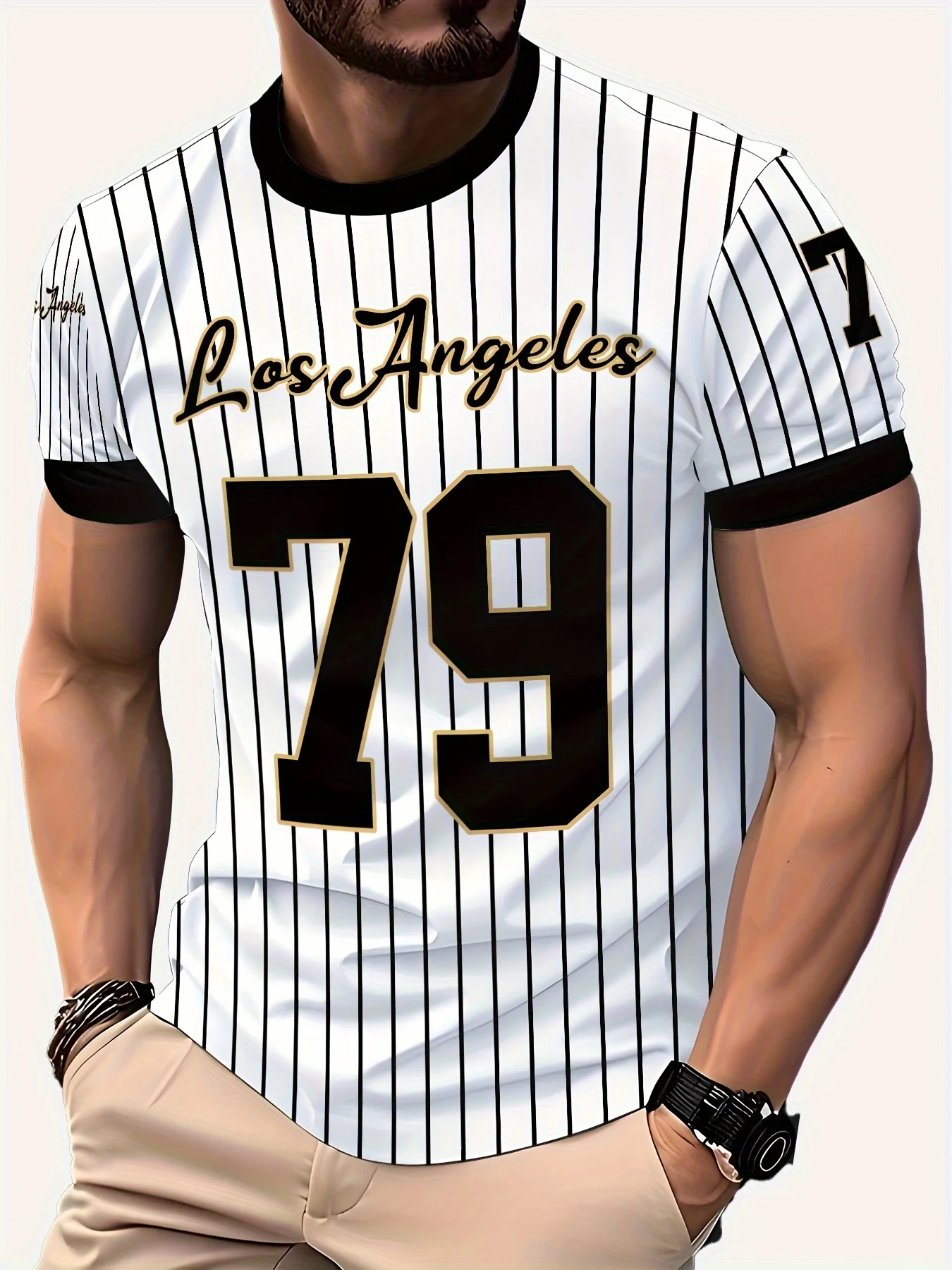 

New Men's Los Angeles Letter 79 Number Printed Striped Printed Short Sleeve T-Shirt Street Casual Sports Top Men's Clothing
