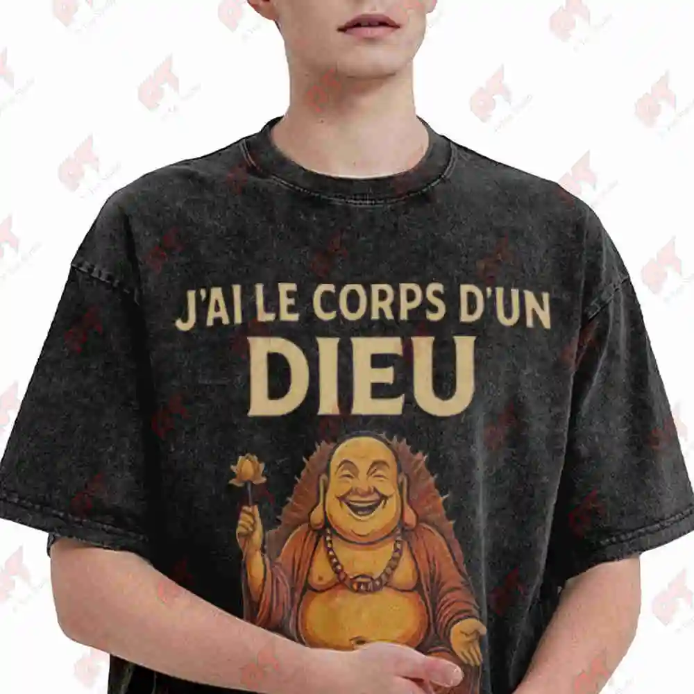 I Have God's Body But Buddha's Slogan Buddha Meditation Vintage Washed Tee Pure Cotton T-Shirt