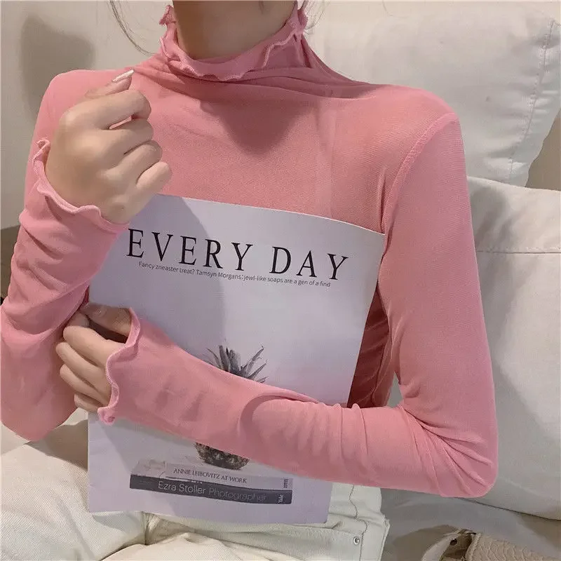 8 Colors Mesh T-shirts Women Turtleneck Fungus Candy Sweet Students Long Sleeve Undershirts Sun-protection Slim Elegant Tshirts