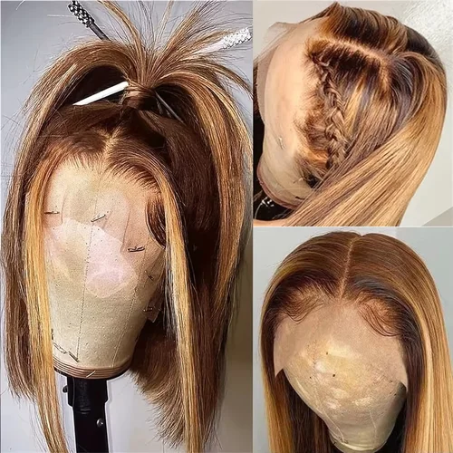 Pelucas Bob corto de densidad 200%, pelucas frontales de encaje recto resaltadas, peluca con malla frontal transparente rubia 13x4, cabello humano 100% 427 # 16Inc