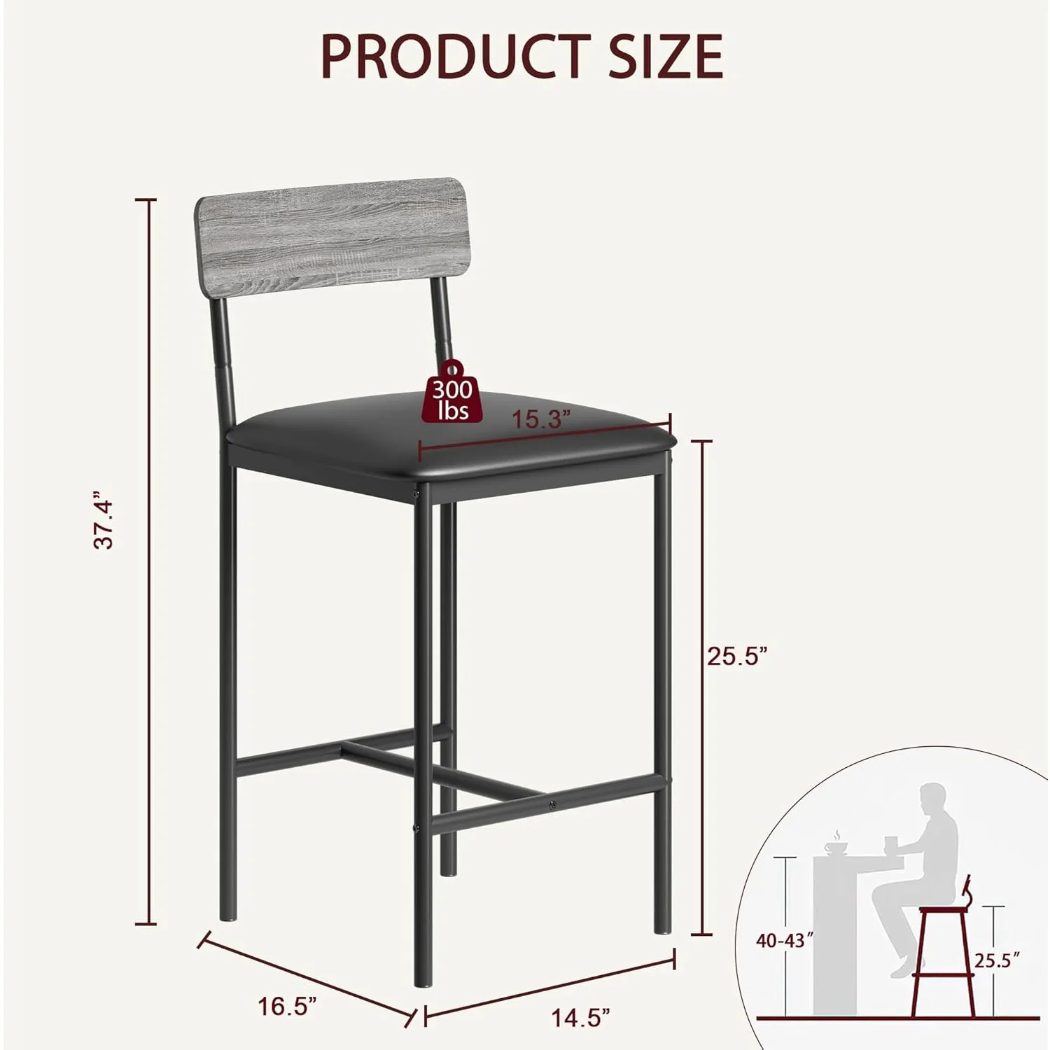 

Набор из 2 барных стульев из искусственной кожи в деревенском стиле со спинкой и подставкой для ног, легко собираемые кухонные островные табуреты для домашнего декора бара