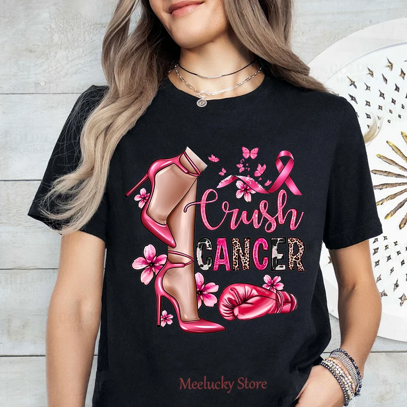 Crush-Cancer letter print pattern 2024 Summer New Casual Versatile Women's Top T-shirt