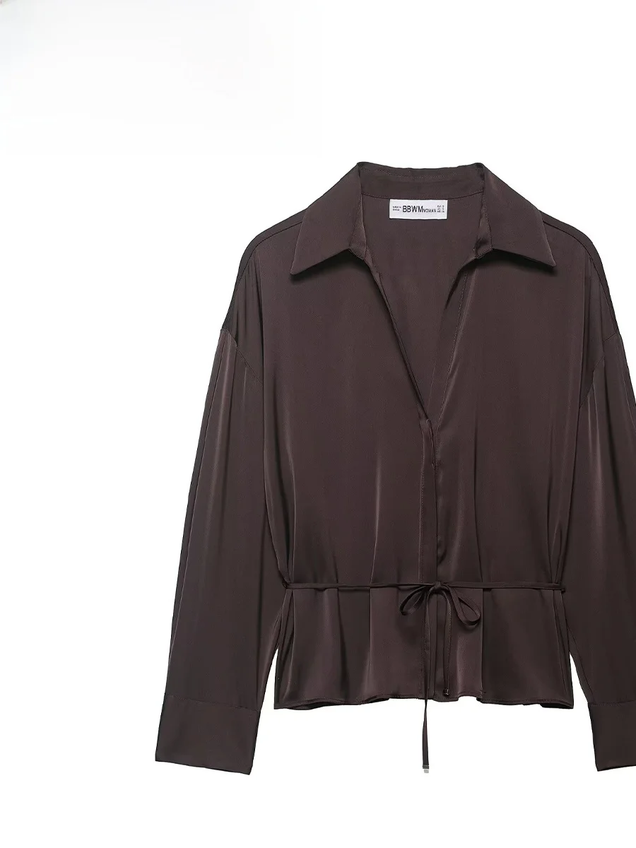 

ZARK Весенняя модная шелковая атласная блузка с поясом на талии, женский пуловер премиум-качества с длинными рукавами