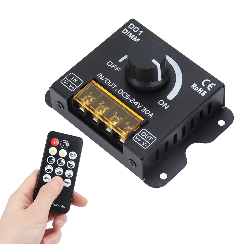 30A LED Strip Light Knob Switch Dimmer with Wireless RF Controller for 5050 SMD COB Monochrome Tape Lights Stepless Dimming