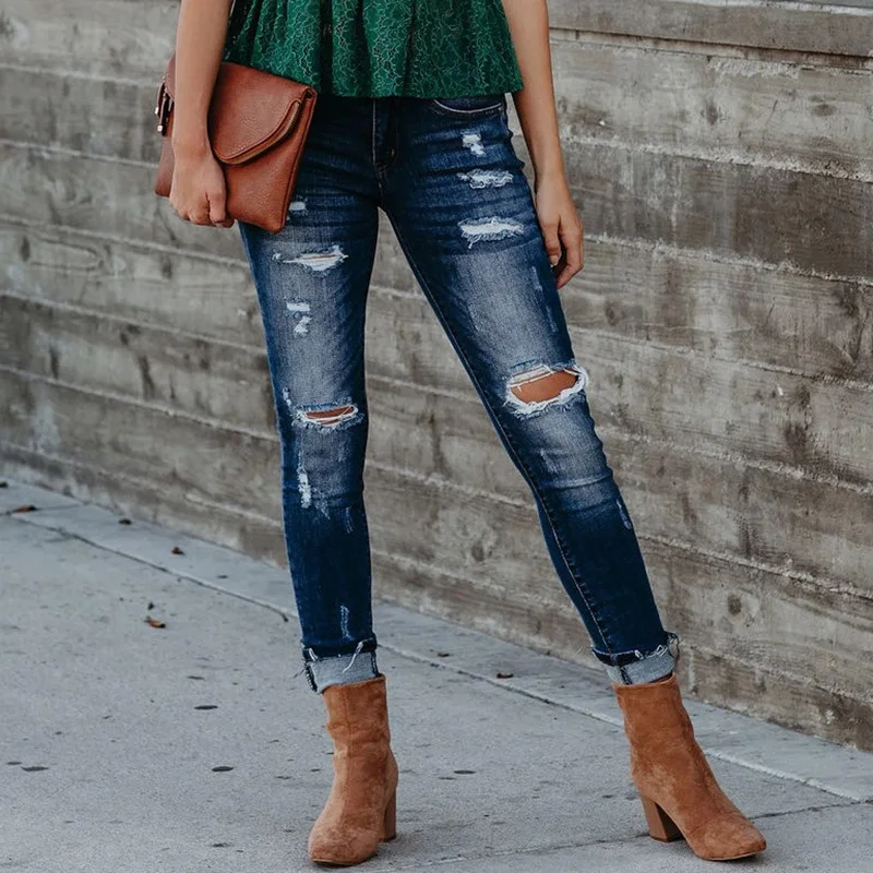 

Fashion Women Narrow Leg Stretch Skinny Ripped Pencil Jeans Lady Hip Hop Slim Fit Distressed Denim Pants Tassel Chic Trousers