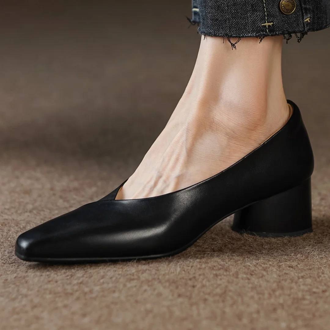 

plus size 33-41 women's genuine leather square toe slip-on pumps 5cm round heel elegant ladies OL style soft comfortable heels